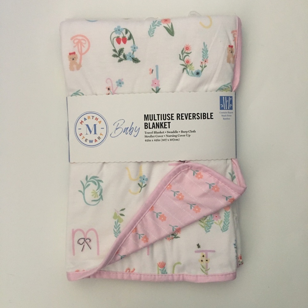 NEW Baby Blanket Reversible Multiuse Alphabet Floral with Rayon | Martha Stewart